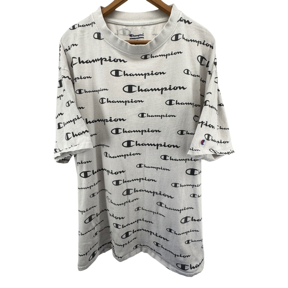 Champion All Over Print Logo Crew Neck T-Shirt‎ 2XL Short Sleeve